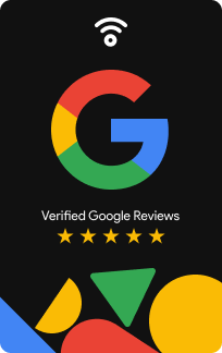 Customer tapping NFC to buy review card and leave 5-star Google rating